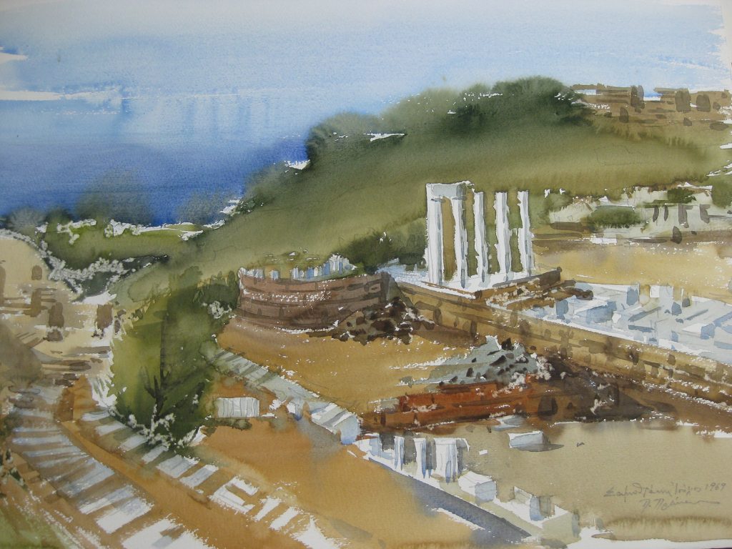 Πάρις Πρέκας (Έλληνας, 1926-1999), Σαμοθράκη, 1969. Υδατογραφία, 50 × 70 εκ. Μουσείο Μπενάκη, (ΓΕ_46592), δωρεά Μερόπης Πρέκα. 